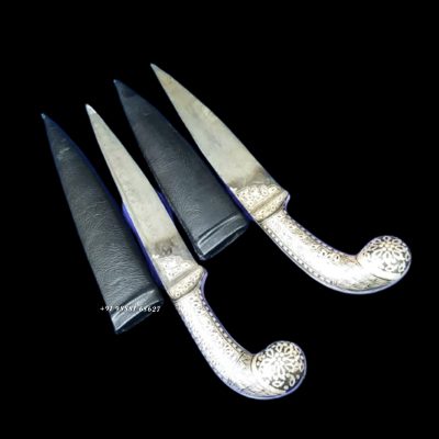 Black Leather Khanjar With Silver Work On Blade