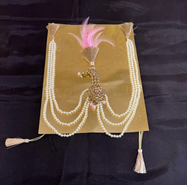 Golden & White Stone Kalgi with Light Pink Feather & Pearl Mala