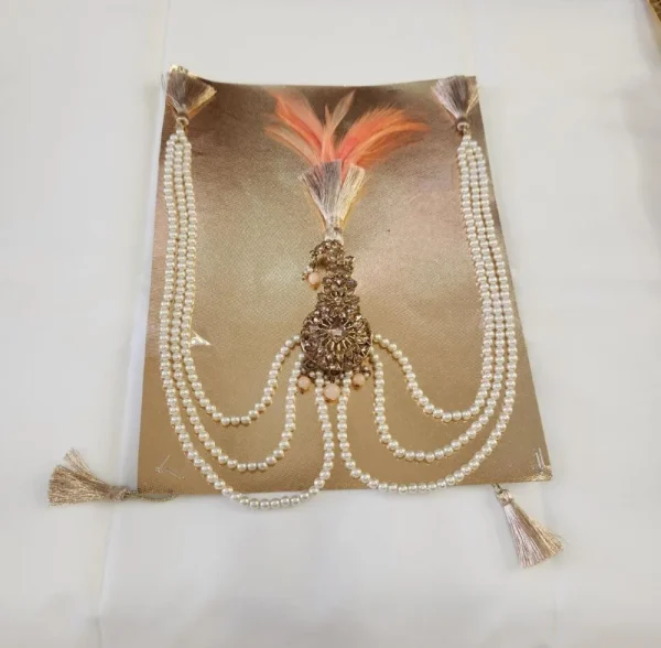 Golden Stone Kalgi with Peach Feather & Pearl Mala