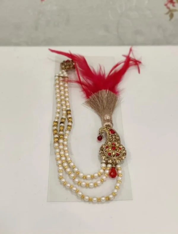 Red Feather & Stone Kalgi with One Sided Golden & White Pearl Mala