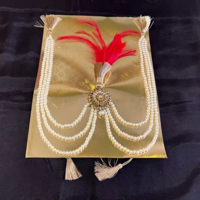 Golden Stone Kalgi with Red Feather & Pearl Mala