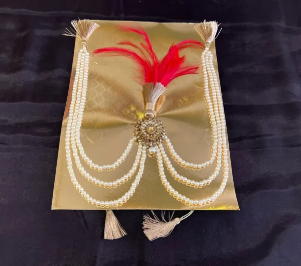 Golden Stone Kalgi with Red Feather & Pearl Mala