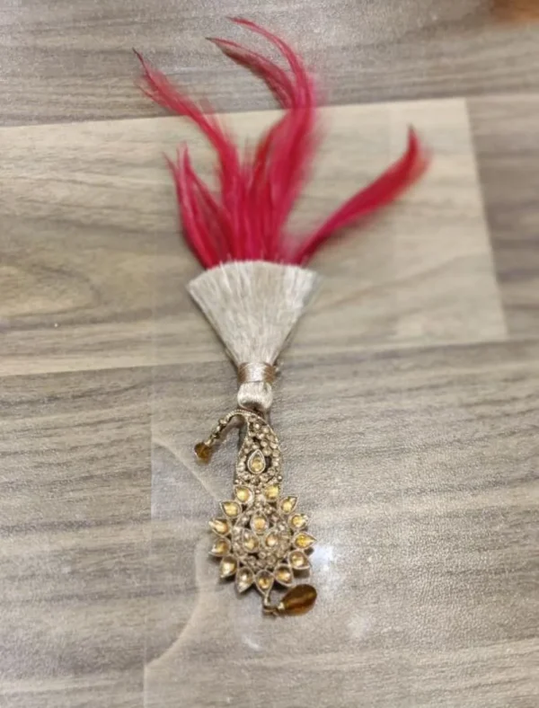 Gold Finished Pearl Kalgi with Red Feather