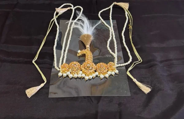 Pearl Kundan Kalgi with White Feather & Mala