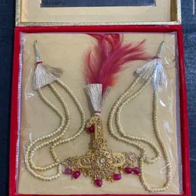 Gold Finished Pink Kalgi with Pink Feather & Pearl Mala
