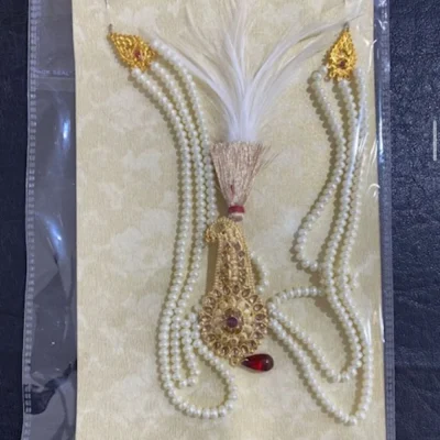 Gold Plated Red Kalgi with White Feather & Pearl Mala