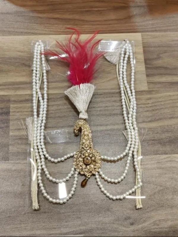 Golden Brown Kalgi with Red Feather & Pearl Mala