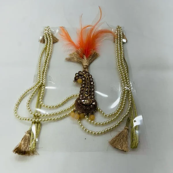 Golden Kalgi with Orange Feather & Pearl Mala