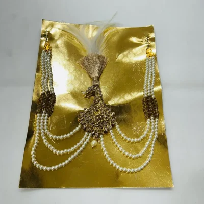 Golden Kalgi with White Feather & Pearl Mala