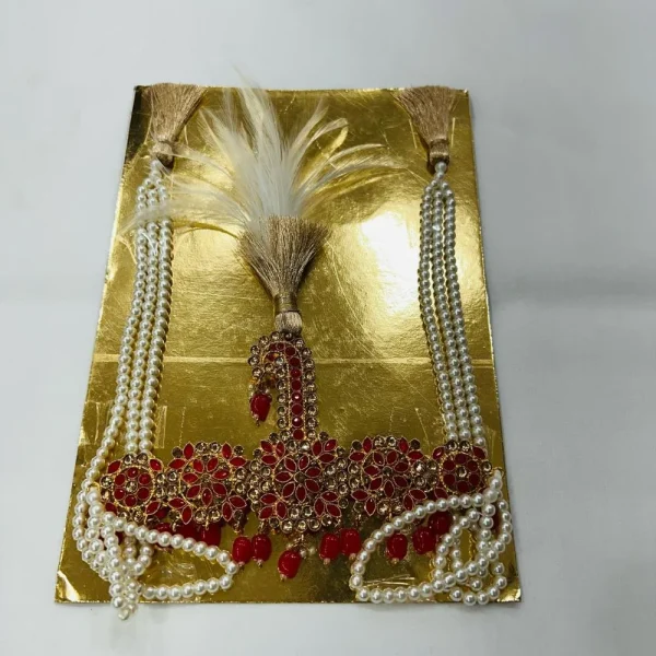 Red Stone Kalgi with White Feather & Pearl Mala