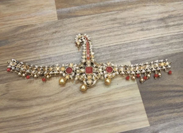 Red Stone Kundan Kalgi with Golden Pearls