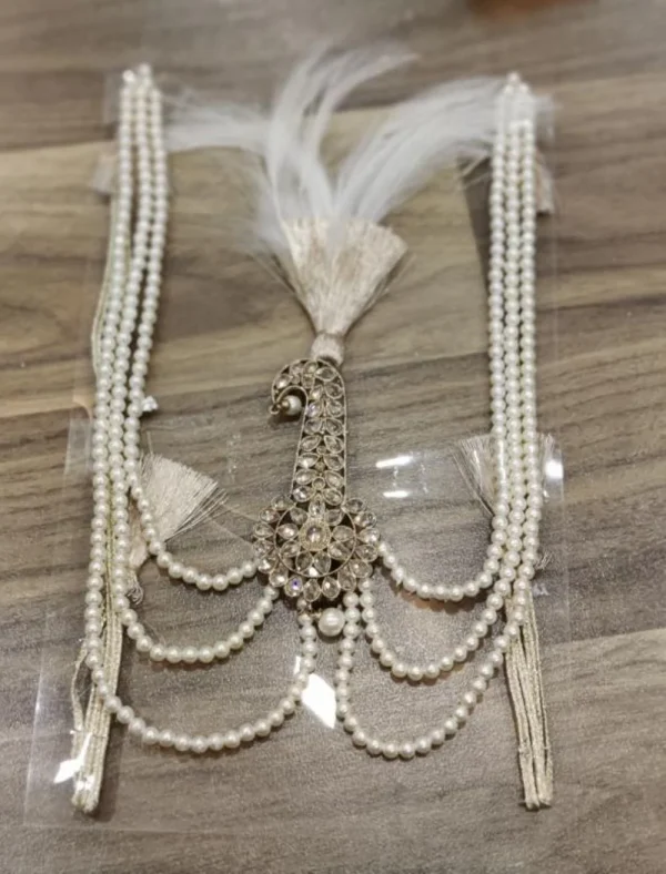 Silver Finish Kalgi with White Feather & Pearl Mala (Flower)