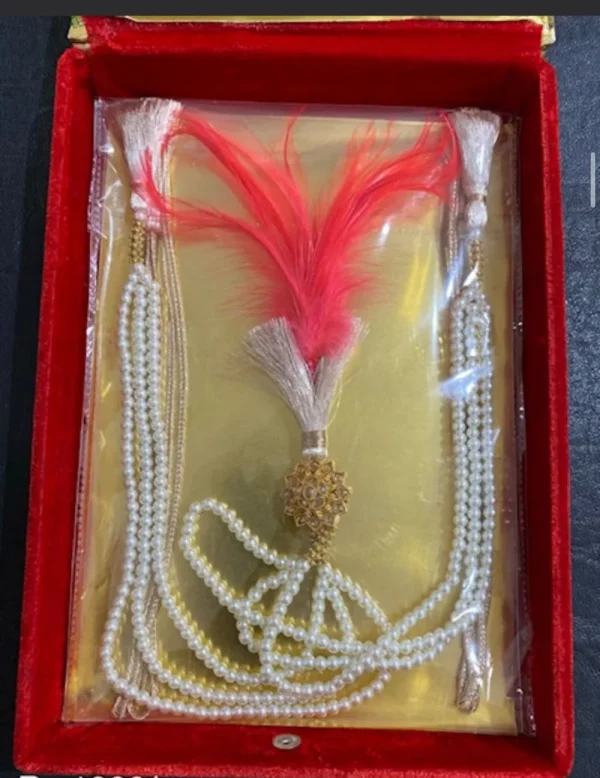 White Stone Kalgi with Pink Feather & Pearl Mala (Star)