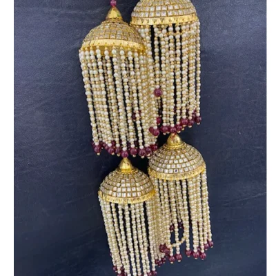 Golden Double Layer Long Kaleera with White Pearls Chain (Magenta)