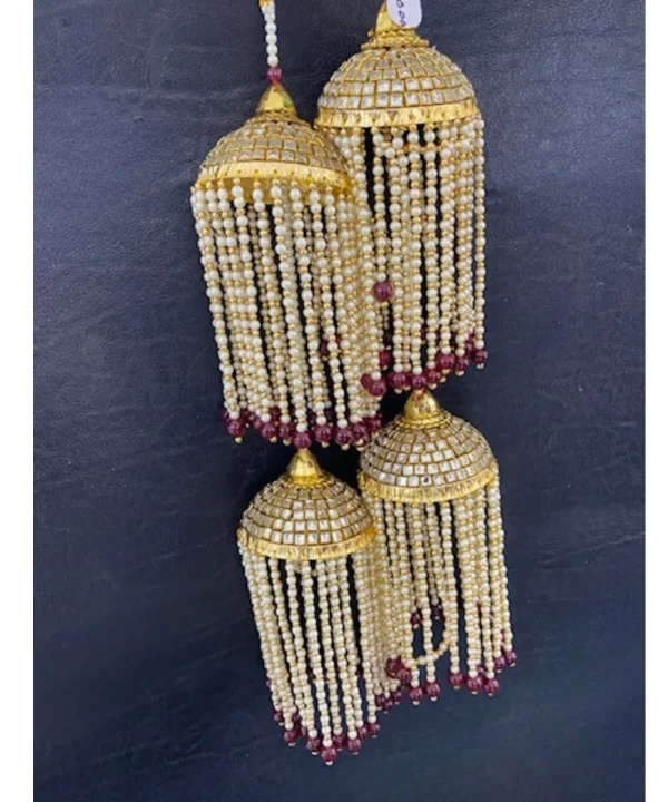 Golden Double Layer Long Kaleera with White Pearls Chain (Magenta)