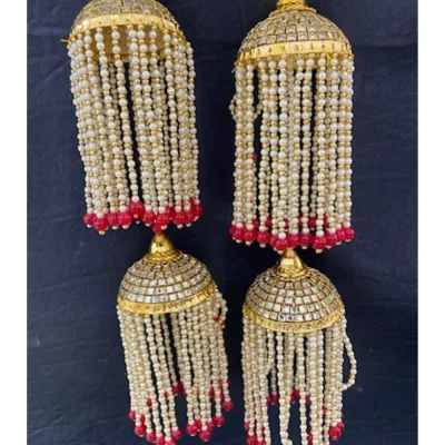 Golden Double Layer Long Kaleera with White Pearls Chain (Red)