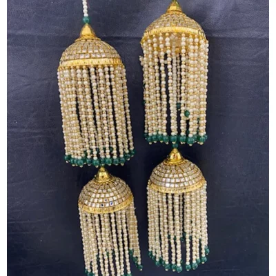 Golden Double Layer Long Kaleera with White Pearls Chain (Green)