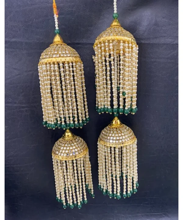 Golden Double Layer Long Kaleera with White Pearls Chain (Green)