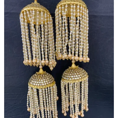 Golden Double Layered Long Kundan Kaleera with Pearls Chain