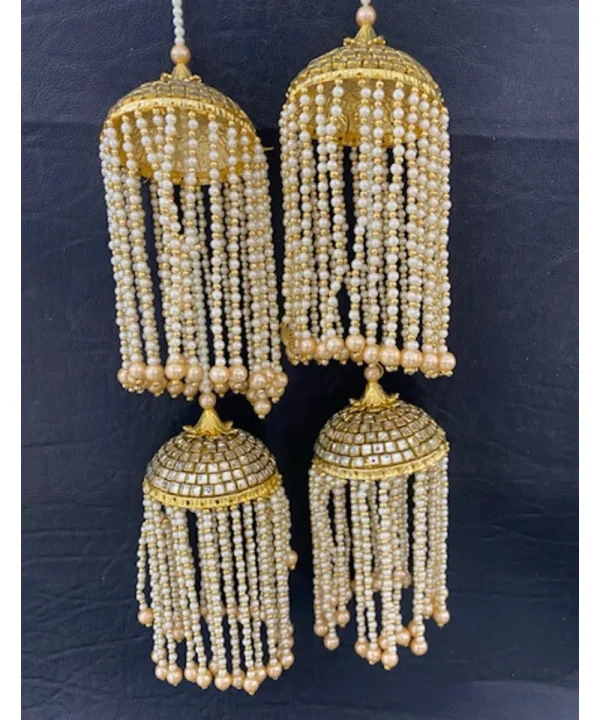 Golden Double Layered Long Kundan Kaleera with Pearls Chain