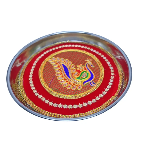 Red Peacock Design Steel Thali