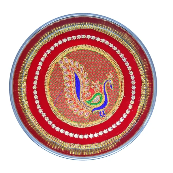 Red Peacock Design Steel Thali