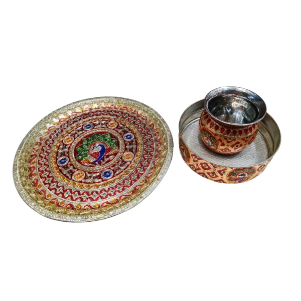 Meenakari Art Peacock Design Karwa Chauth Thali Set