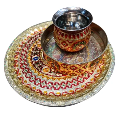 Meenakari Art Peacock Design Karwa Chauth Thali Set