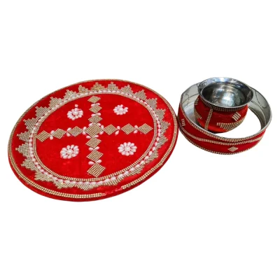 Red Decorated Karwa Chauth Thali Set with Stones