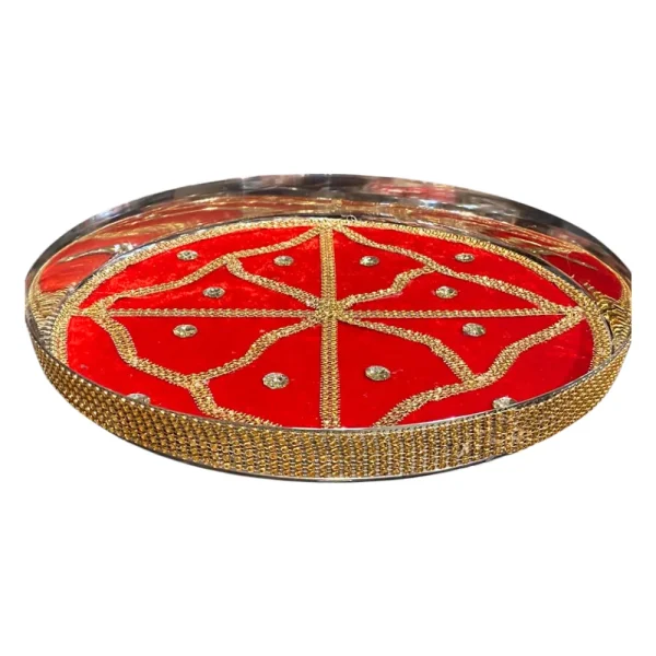 Red Decorated Steel Thali with Golden Patti & Stones