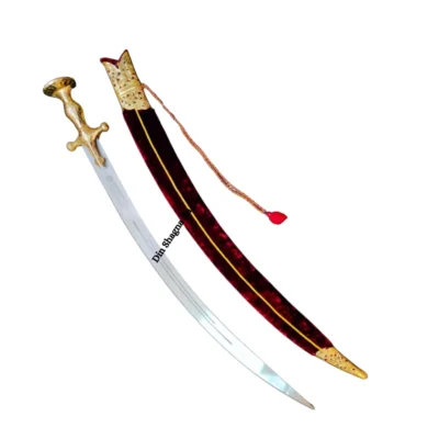 Dark Red Velvet Punjabi Wedding Kirpan/Sword With Brass Work